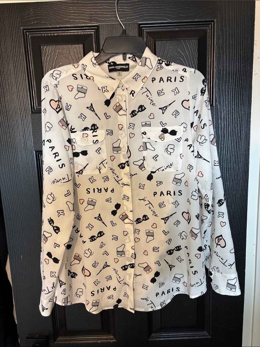 Karl Lagerfeld Cream Button-Up Shirt with Black & Blush Paris Icons